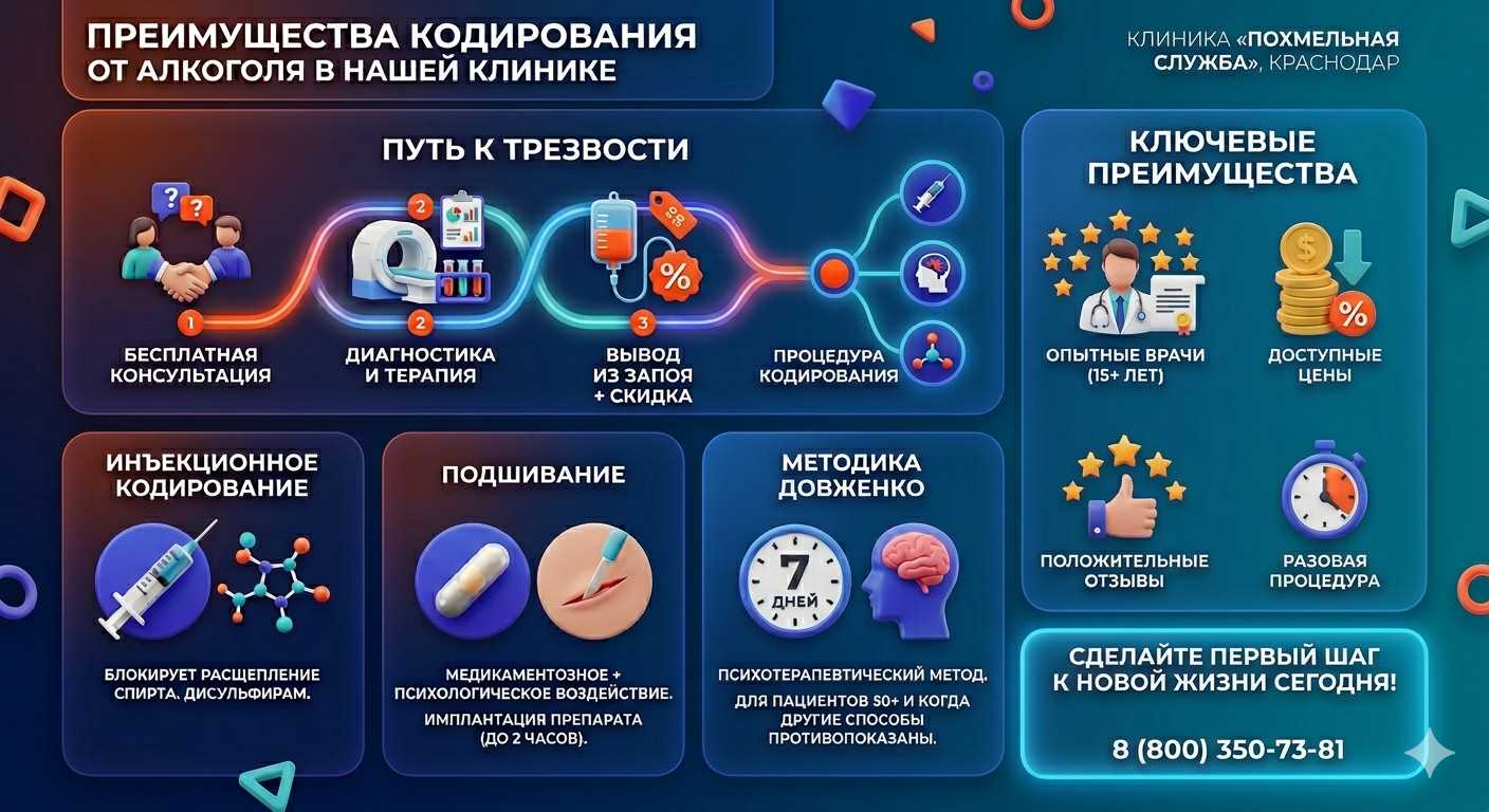 Инфографика о методах кодирования от алкоголя в Борисоглебске: инъекции, подшивание, метод Довженко. Преимущества клиники и этапы лечения.